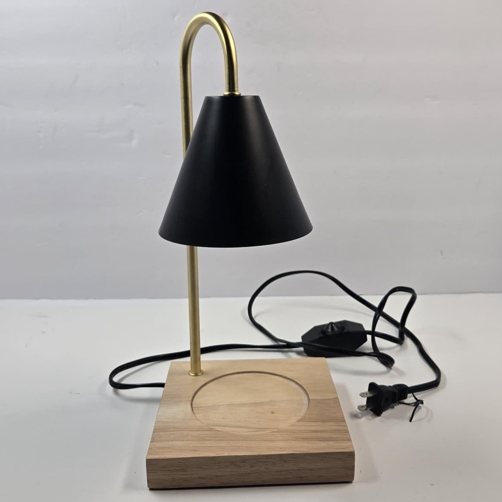 Electric Candle Warmer Lamp with Dimmer Wood BaseBlack Shade Gold Neck GU10 Bulb